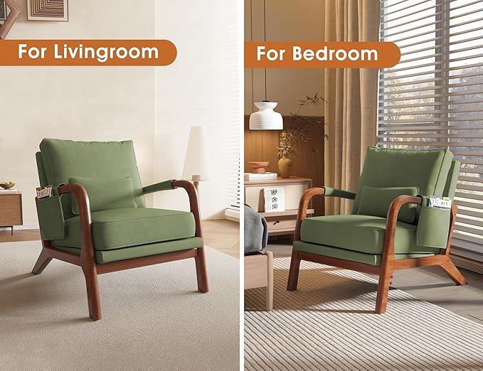 Mid Century Modern Chair Set of 2, Upholstered Lounge Arm Chair with Solid Wood Frame, Comfy Accent Chair for Living Room, Bedroom, Reading, Reception,Green