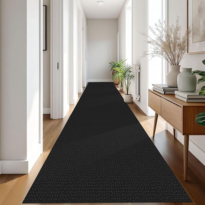 IOHOUZE Washable Exrea Long Hallway Runner Rug 3x18 Non Slip Rubber Backed Kitchen Runner Entryway Runner Indoor, Woven Rugs Floor Carpet for Kitchen Hall Entryway Stair, Black/Grey