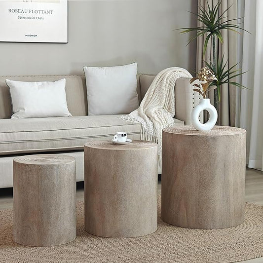 Nesting Coffee Table Set of 3, Modern Round Wooden Circle Accent Coffee Tables for Small Spaces Living Room Bedroom Balcony Office Drum Side Table