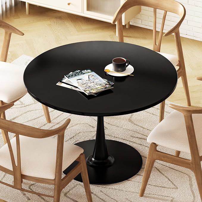 DKLGG Black Round Dining Table, 31.5" Tulip Table Kitchen Dining Table for 2-4 People with MDF Top & Pedestal Base, Mid-Century End Leisure Coffee Office Living Room Table