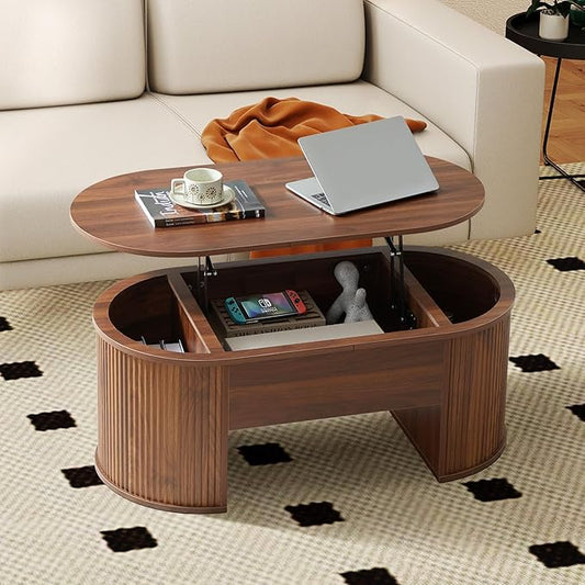ORRD Lift Top Coffee Table, Fluted Coffee Table with Lifting Top, Wooden Lift Up Dining Table with Hidden Compartment, Center Table for Living Room, Office - Walnut