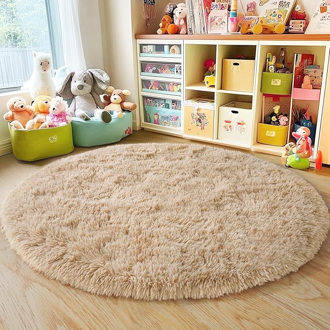 3'x3' Beige Round Rug for Bedroom, Ultra Soft Fluffy Circle Rug for Kids Girls Boys Room, Cute Small Shag Rugs for Living Room Playroom Tent Castle Home Decor Rug