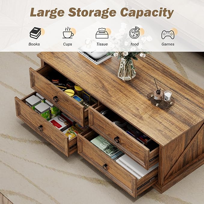 Rustic Coffee Table with Drawers 47 inch Living Room Tables with Storage, Wooden Center Table for Reading Playing Room Home Accent Table for Dining Room Apartment, Walnut