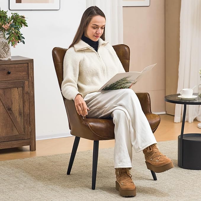 Furniliving PU Leather Accent Chair for Living Room, Upholstered Reading Chair with High Backrest, Tufted-Button Wingback Armchair for Bedroom, Dressing Room, Home Office, Brown, Set of 2