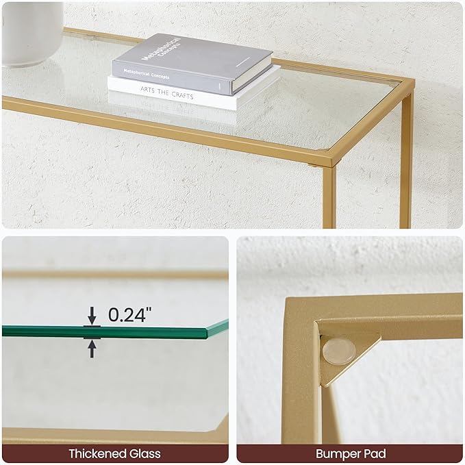 VASAGLE 47.2 Inches Console Table, Tempered Glass Sofa Table, Modern Entryway Table, Sturdy Metal Frame, Easy to Assemble, Adjustable Feet, for Living Room, Hallway, Gold Color ULGT036A01