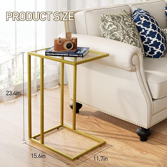 C-Shaped End Table, Side Table for Couch,Sofa Snack Table with Tempered Glass & Metal Frame,Small TV Tray Table for Small Space,Living Room, Bedroom, Bedside,Modern Style, Gold