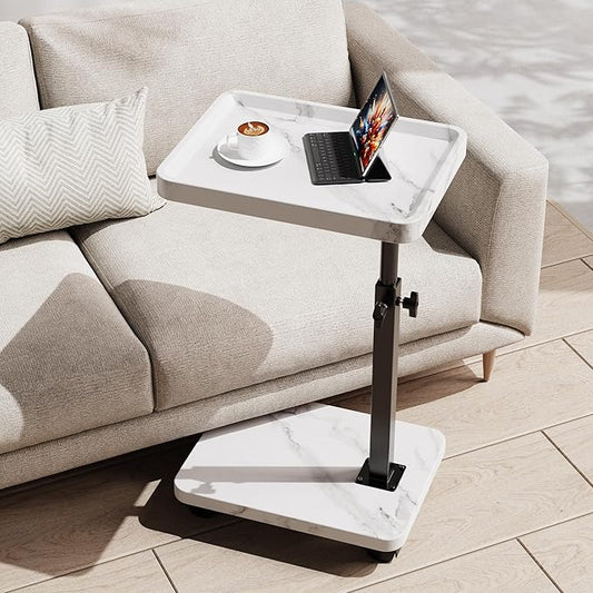 C Table End Table Adjustable Height, 360°Swivel TV Tray Table for Small Spaces, Side Tables with Wheels for Living Room and Bedroom, Bed (White)