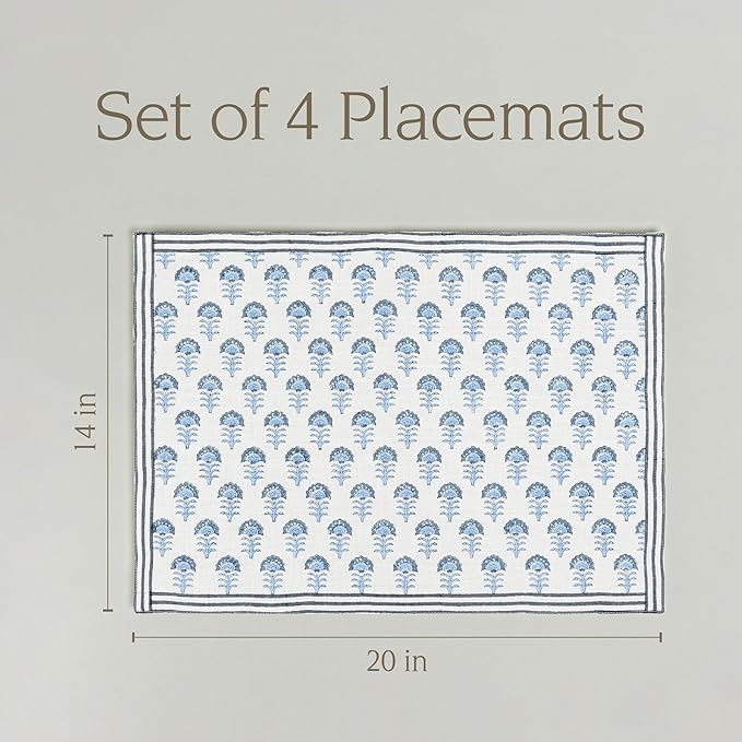 Over&Back Set of 4 Hand-Blocked Placemats - Colorful Dining Table Mat - Each Placemat is Unique - 100% Cotton - Machine Washable - Kitchen and Home Decor - Blue Flower