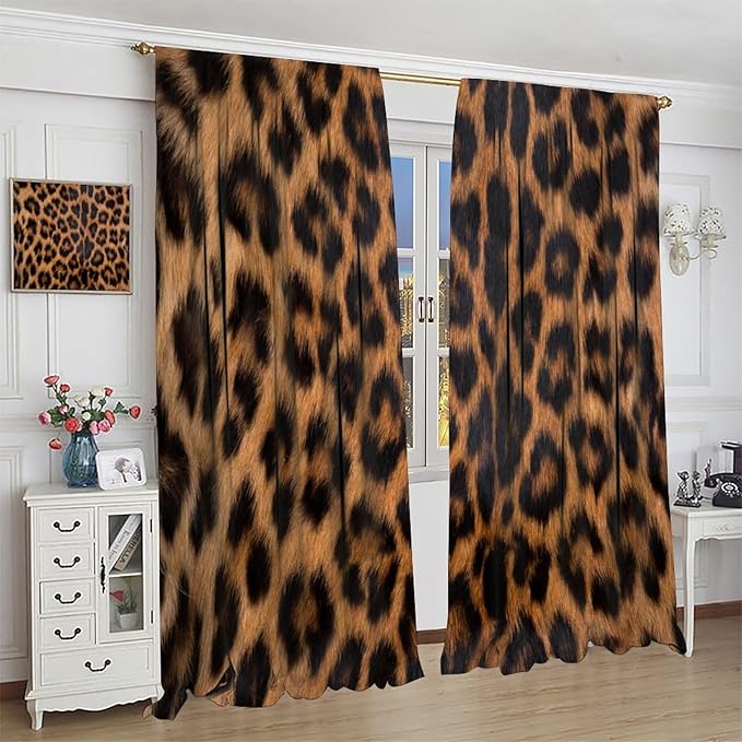 Leopard Print Blackout Curtain, Black Brown Fur Leopard Print Wild Animal Skin Drapes, Window Treatments Rod Pocket 2 Panels Curtains for Bedroom Nursery Office Living Room Decor 63"W X 63"L