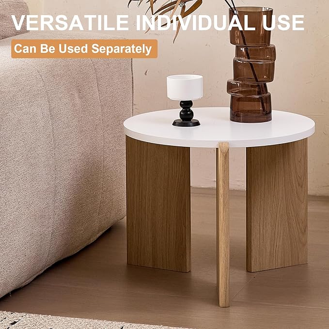 Round Nesting Coffee Tables Set of 2 for Living Room [Interchangeable Height] φ27.6 + φ19.7 Mid Century Modern Circle Side Tables for Bedroom Office Studio Apartment