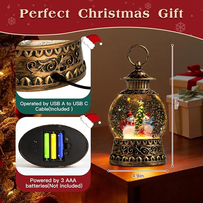 Christmas Snowman Snow Globe, Snowman Musical Snow Globe Lantern Lights with 6H Timer Battery & USB Powered, Retro Style Holiday Glitter Globe for Xmas Home Decoration Holiday Party Gifts