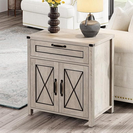 Maupvit End Table, Farmhouse End Table Narrow Side Table for Living Room, Sofa Side Table with Drawer and Storage Cabinet, Small Nightstand for Bedroom(2 Retro-Grey)