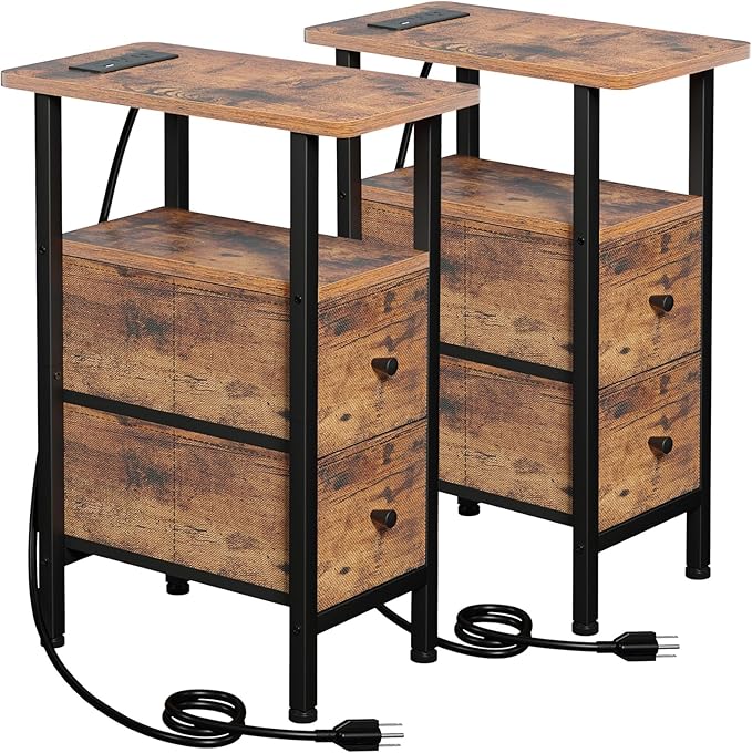 Narrow Nightstand with Charging Station, End Tables Living Room Set of 2, Skinny Side Table with Fabric Drawers, Slim Sofa Table for Bedroom, Small Spaces, Couch, Rustic Brown, HETNDP02PBR