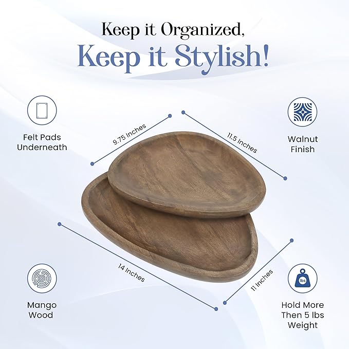 2 Pack Rustic Wooden Serving Tray - Oval Handcrafted Decorative Tray with Felt Base - Coffee Table, Bathroom Vanity, Kitchen Counter Organizer 12 & 14 Inches (Brown)- CLEENTABLE