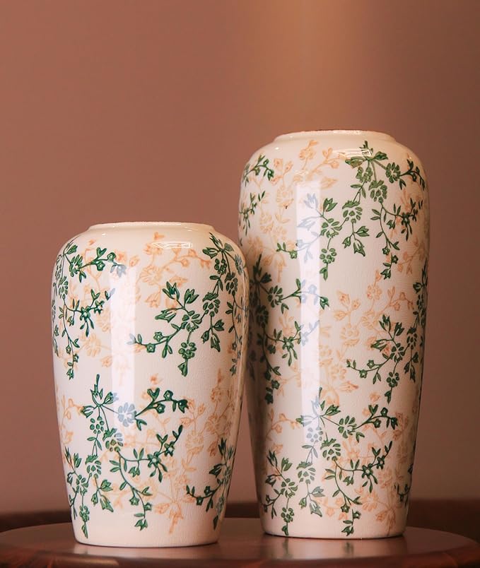 11.5" Hand-Painted Ceramic Large Vase – Green Botanicals & Yellow Florals, Crackle Glaze & Antique Patina Rim, Chinese-Inspired Artistry