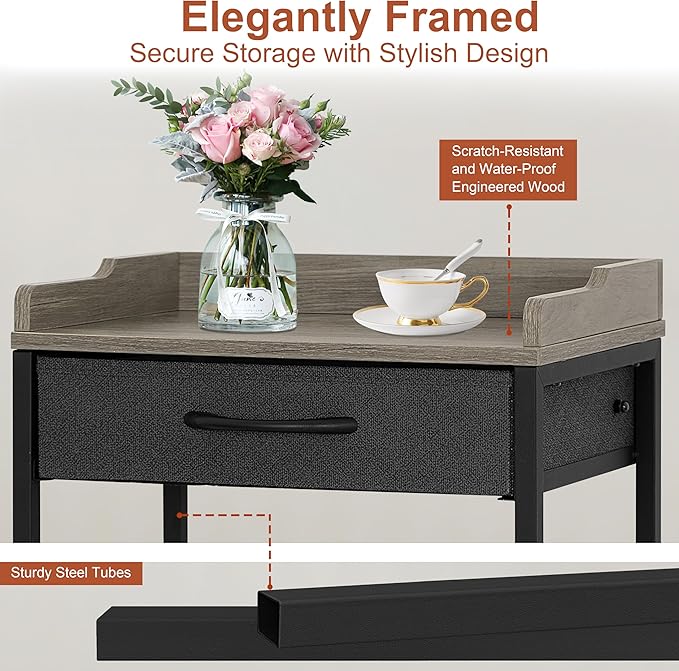 4-Tier Small Side Table with Optional Casters, Narrow End Table with Drawer and Shelves, Tall Nightstand for Dorm, Small Accent Table Stand for Living Room, Bedroom, Bathroom, Black& Grey