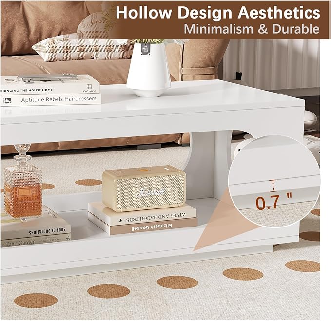 43" White Led Coffee Table for Living Room, Modern Living Room Table Rectangular Contemporary Center Table with Storage, Wooden Coffee Tables with LED Lights for Dining Reception Room