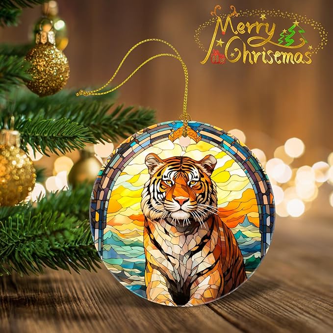 Christmas Tree Decorations Tiger Ornament, Colored Ceramic Christmas Tree Ornaments, Xmas Decorative Hanging Ornaments, Christmas Decor Indoor Home Holiday Party Gifts Tiger