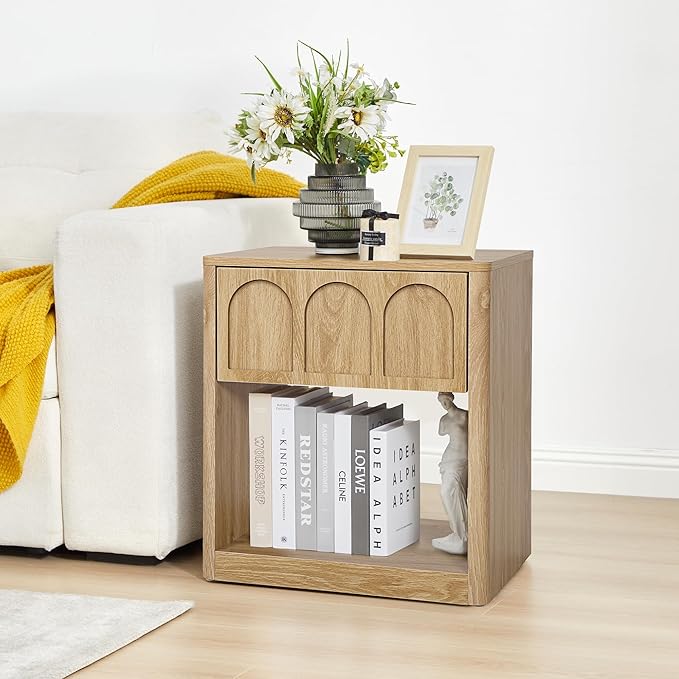 Nightstand Set of 2, 19.69" Wide Bedside Table with Arched Finish, Modern Night Stands with Curved Profile, Mid Century End Table for Bedroom Living Room (Natural-2 Packs)