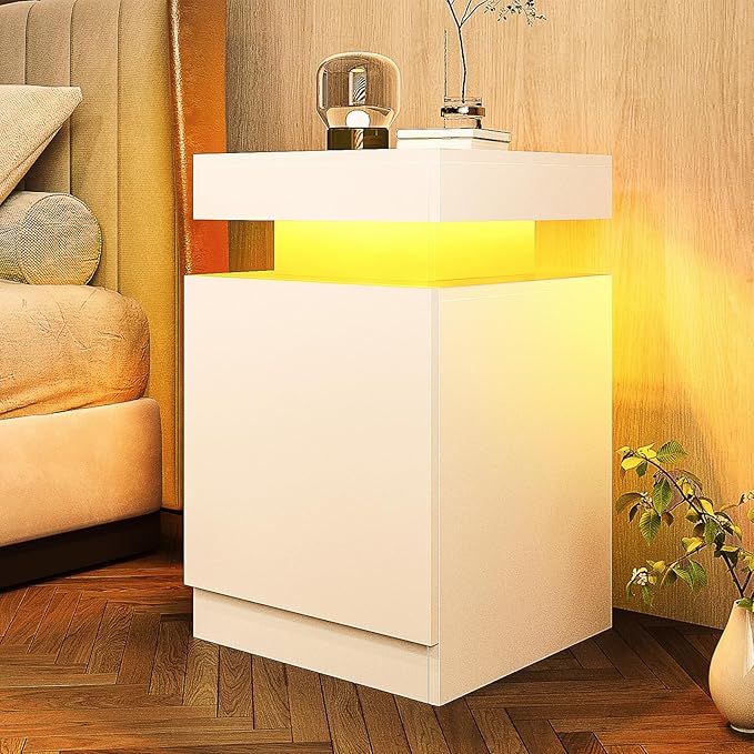 oneinmil Nightstand Set of 2 with LED Lights, Night Stand with Storage Cabinet for Bedroom, Bedside Table with LED, White