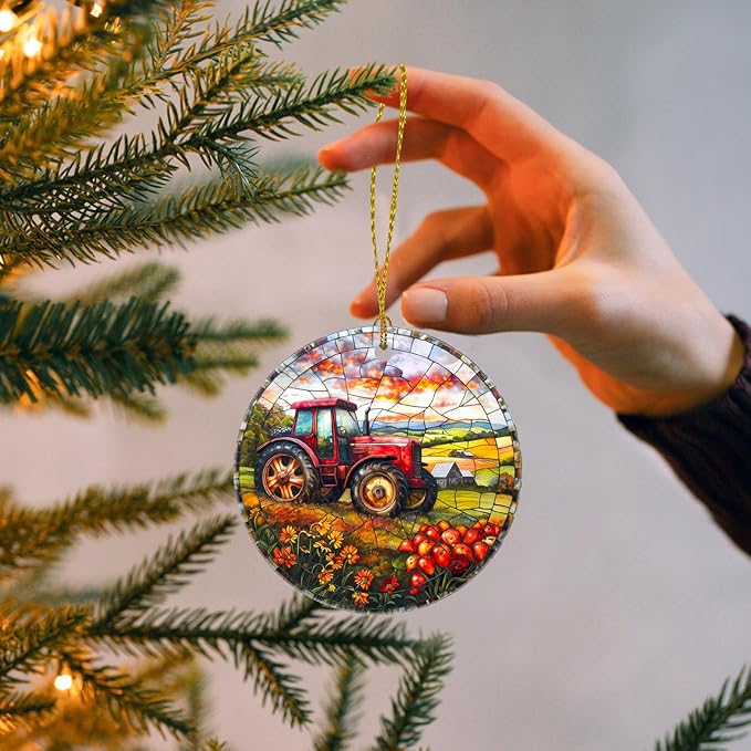 Christmas Tree Decorations Tractor Ornament, Colored Ceramic Christmas Tree Ornaments, Xmas Decorative Hanging Ornaments, Christmas Decor Indoor Home Holiday Party Gifts Tractor