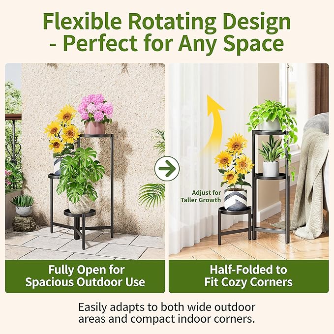 3 Tier Large Plant Stand Indoor with 10 Inch Wide Tray, Tiered Corner Metal Outdoor Flower Holder Stand, Folding Tall Rack for Display Shelf for Patio Porch Balcony - BlackDisk