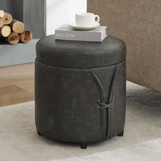 16.5 inch PU Leather Small Round Storage Ottoman, Modern Upholstered Ottoman with Soft Padded Seat, Chic Round Vanity Foot Stool with Removable Lid,Grey