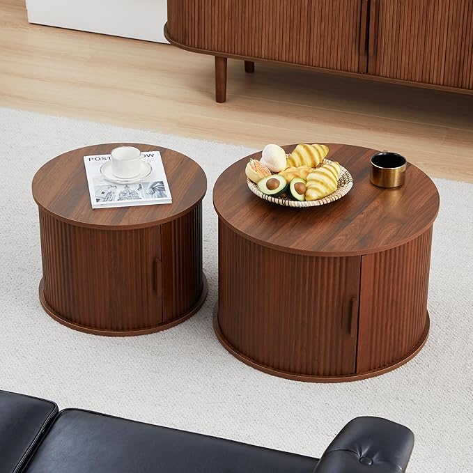 Round Coffee Table, 2 Piece Coffee Table Set with Storage Space and Sliding Door, Modern Fluted Coffee Side Table for Living Room, Office, Bedroom (Walnut)
