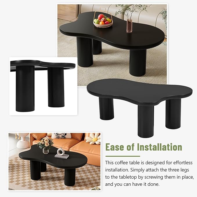 GDFStudio 44'' Cloud-Shaped Coffee Table,Minimalist Center Table with 3 Sturdy Legs & 1.5'' Thick Top,Easy Assembly Round Edge Irregular End Table for Living Room, Bedroom,or Patio,Black