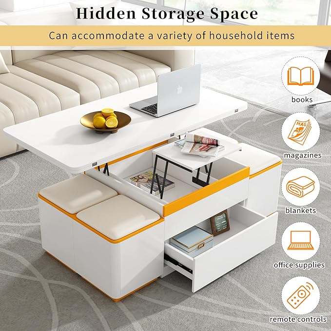 47.2'' Lift Top Coffee Table with 4 Storage Stools and Foldable Top, Modern Rectangular Multi-Functional Adjustable Dining Table Task Table with Hidden Compartment for Living Room, White