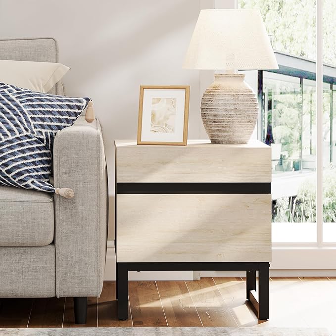 WAMPAT 2 Pack Modern End Table with 2 Drawers, Farmhouse Sofa Table with Black Square Iron Leg, Wood Rustic Side End Table for Living Room, Nighstand for Bedroom, Light Oak