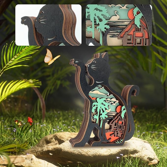 Drawelry 3D Wooden Carving Animals Lamp - Creative Fox Squirrel Wood Carved LED Night Light Garden Yard Wooden Animals Sculpture Ornaments Desktop Home Decor Birthday Gifts for Family Friend (Cat)