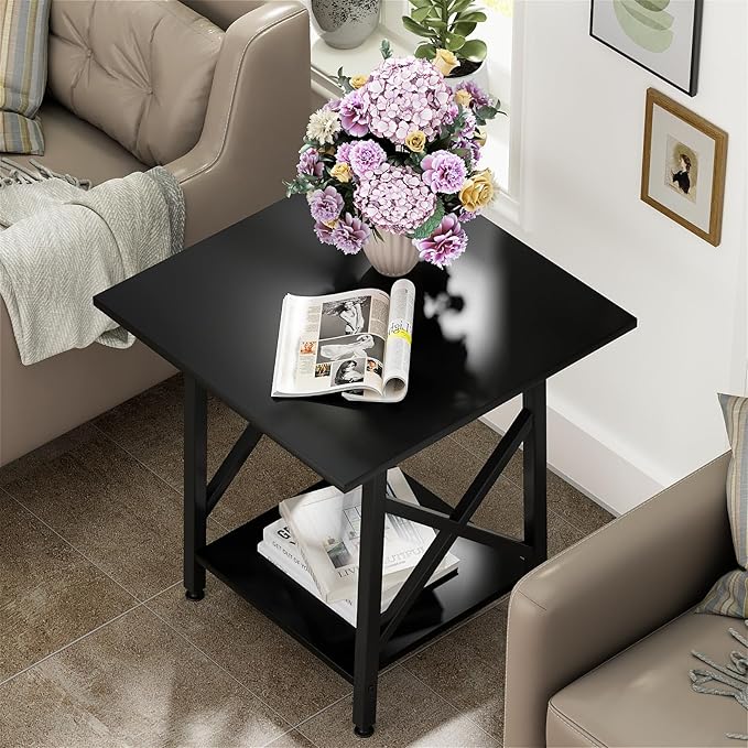 GreenForest End Table 24 inch for Living Room, Large Square Side Tables with X-Frame, Tall Industrial Bedside Nightstand with 2-Tier Storage, Black