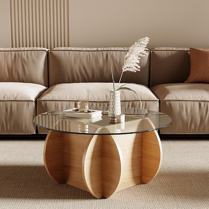 Honyee Round Glass Coffee Table, 30.7" Small Coffee Table with Tempered Glass Top and Wood Grain Base, Modern Circle Coffee Table for Living Room, Easy Assembly, Natural