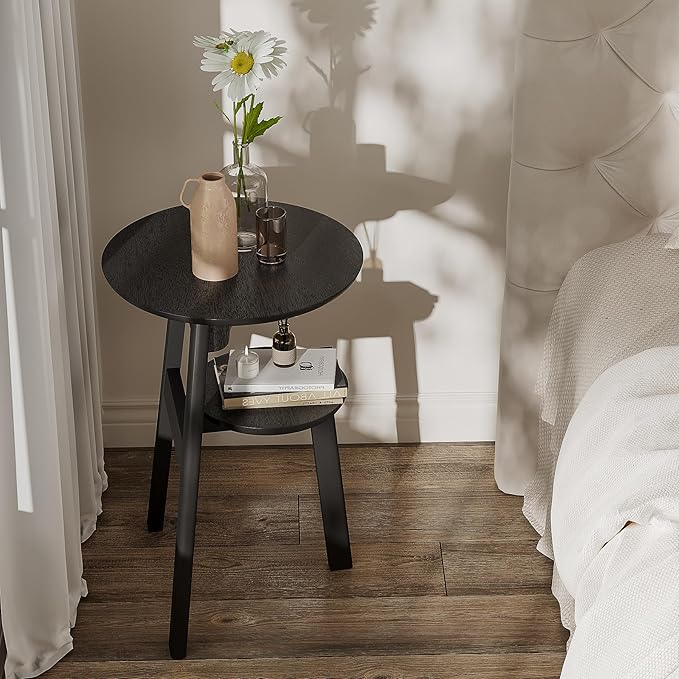 ChooChoo Round End Table for Small Spaces, Narrow Side Table, Accent Table Night Stand with 2 Tier Shelf for Bedroom and Living Room, Black