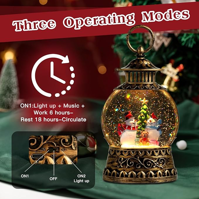 Christmas Snowman Snow Globe, Snowman Musical Snow Globe Lantern Lights with 6H Timer Battery & USB Powered, Retro Style Holiday Glitter Globe for Xmas Home Decoration Holiday Party Gifts