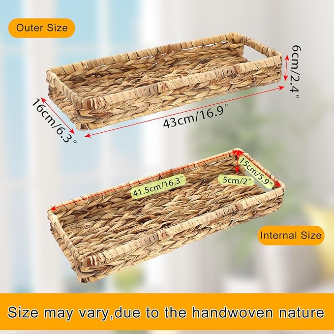Hipiwe Wicker Toilet Tank Basket 16.9 Inch Bathroom Vanity Tray for Long Back of Toilet, Rectangle Woven Hyacinth Decorative Countertop for Paper Hand Towel
