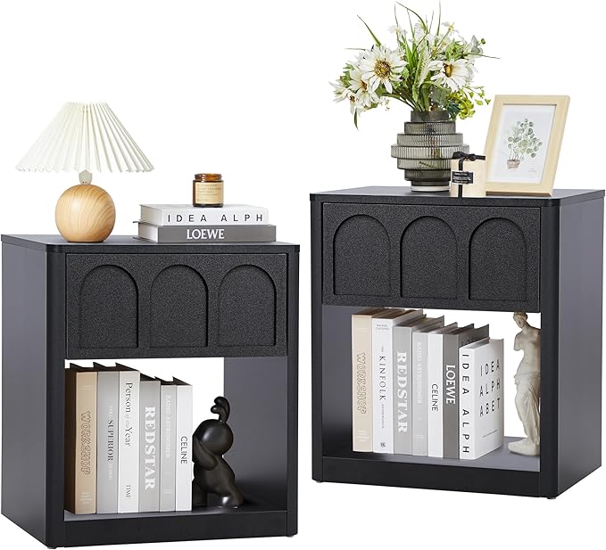 Nightstand Set of 2, 19.69" Wide Bedside Table with Arched Finish, Modern Night Stands with Curved Profile, Mid Century End Table for Bedroom Living Room (Black-2 Packs)
