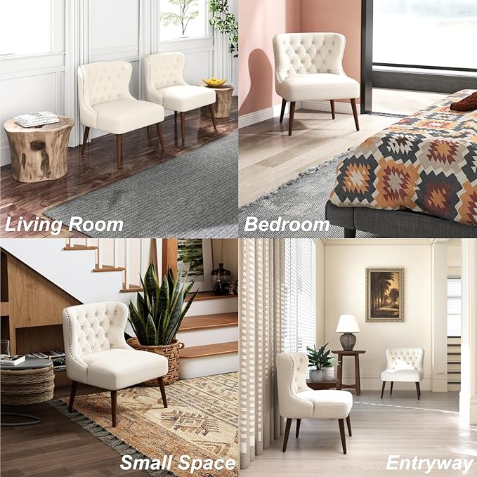 chairus Tufted Slipper Accent Chairs Set of 2, Linen Upholstered Armless Living Room Chairs with Nailhead Trim, Mid-Century Modern Wingback Side Chairs for Bedroom Office Reception, Beige