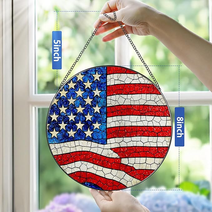 Stained Glass Window Hanging, Pauyadu 8 Inch American Flag Stained Glass Suncatcher, Patriotic Home Decor, Window Decor, USA Flag Gift Ideas, Patriotic Themed Gifts, Gifts for Women and Men