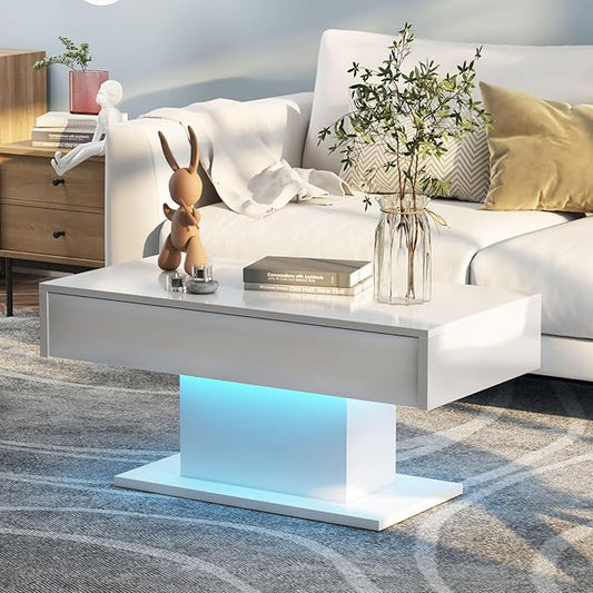 Led Coffee Table for Living Room, Living Room Table Rectangular Center Table, Modern High Glossy Wooden Coffee Tables with 16 Colors LED Lights for Dining Reception Room, Grey