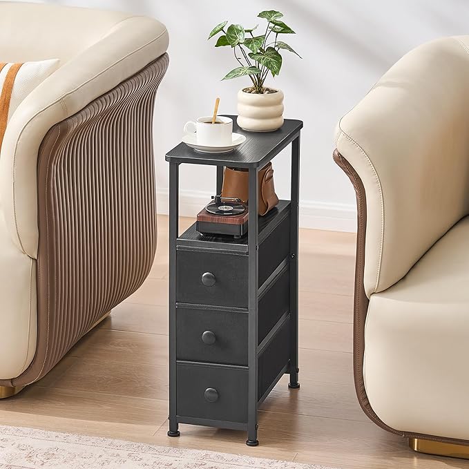 End Table, Narrow Side Table with 3 Fabric Drawers, Slim Nightstand, Small Bedside Table with Storage, Living Room, Bedroom, Black HKET1300BK