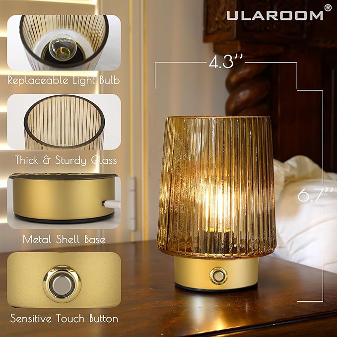 Cordless Lamp Rechargeable Battery Operated lamp, Glass Small Table lamp - Portable Dimmable Brightness Touch Wireless Bedside Lamp for Bedroom Kitchen Dining Home Living Room Decor Grey