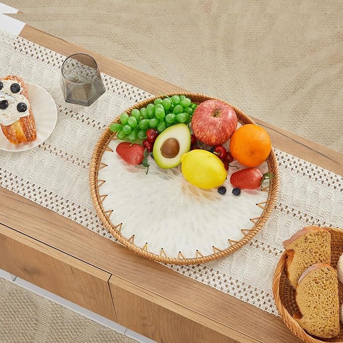 Shellac Rattan Tray with Mother of Pearl Inlay, Round Decorative Serving Tray for Home Décor Coffee Table Storage and Display, 100% Natural Materials - Ottoman Tray White 13.5"