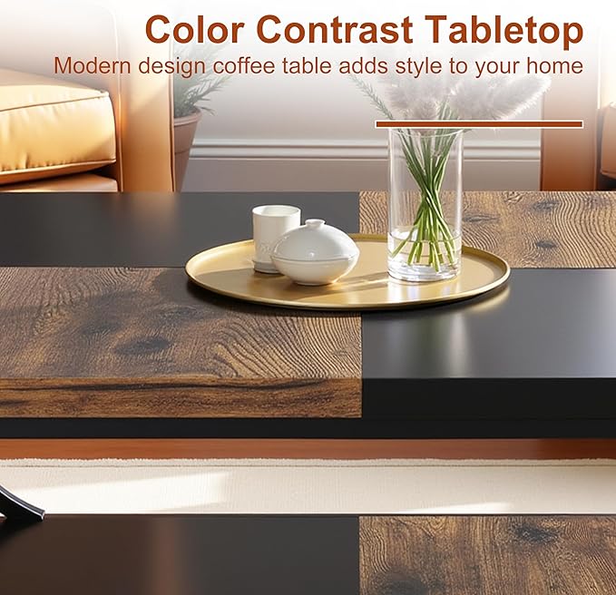 2-Tier Coffee Table with Storage Shelf, 39" Small Square Coffee Table Modern Wooden and Metal Accent Center Sofa Side Tables for Living Room, Brown & Black