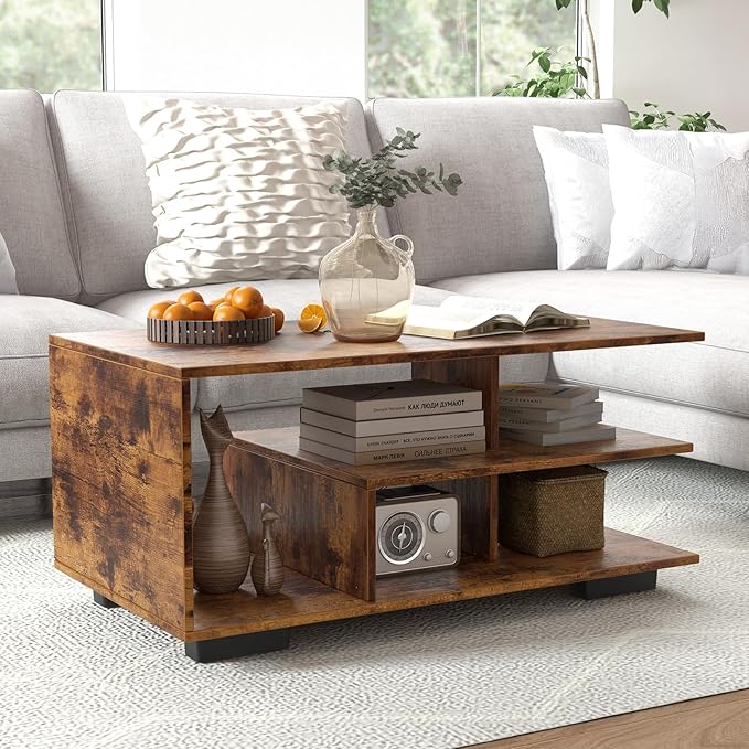 COSTWAY Mid Century Modern Coffee Table with Storage Shelves, 36 Inch 3-Tier Rectangular Wooden Tea Table, Accent Center Table for Living Room Apartment Reception, Rustic Brown