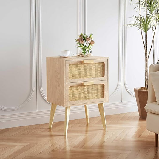 Rattan Nightstand Set of 2,Side Table with Hand Made Rattan Decorated Drawers,Boho Bedside Table,Wood Accent Table with Storage for Small Space,Livingroom, Bedroom, Natural CTG59Y-2