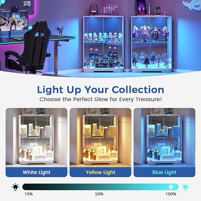 Corner Cabinet with Glass Doors, Small Storage Cabinet with LED Lights and Charging Station, 2-Tier Curio Cabinet with Storage for Living Room, Bedroom or Kitchen, White