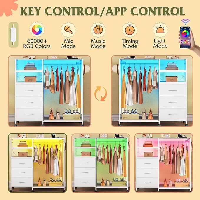 WLIVE White Dresser with Hanging Rack for Bedroom, 3 Drawer Dresser with LED Lights & Charging Station, Fabric Dressers & Chest of Drawers, Storage Organizer with Open Shelves for Living Room