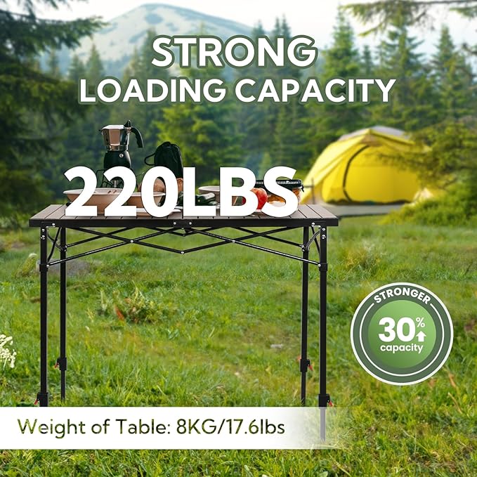 Portable Outdoor Adjustable Height Camping Table, Large for 2-6 Person, Foldable Roll-up Aluminum Camp Table with Carry Bag for Picnic, Camp, Sturdy, Stable, Loads 220 Lbs